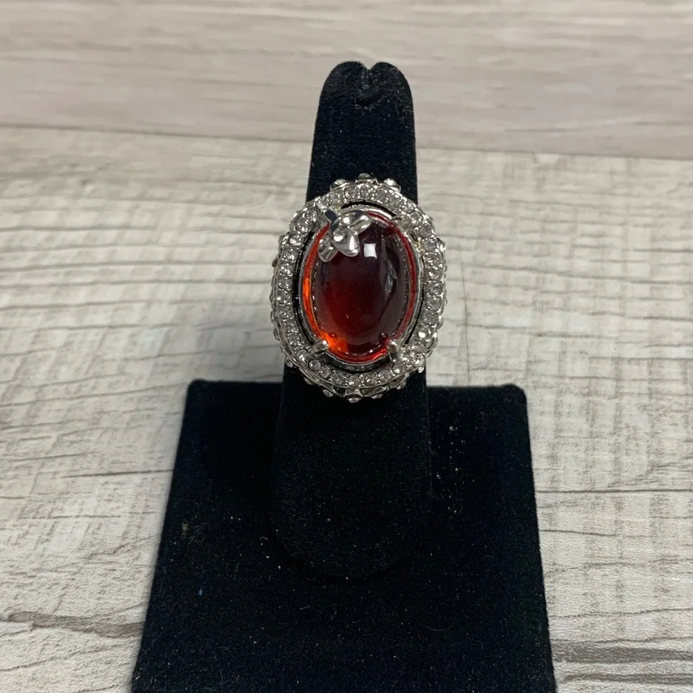 Vintage Style Red Cabochon Statement Ring Silver Tone Rhinestone Halo Size 7.5